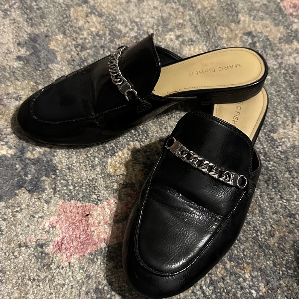 Marc Fisher Black Mules with Silver Chain Accent